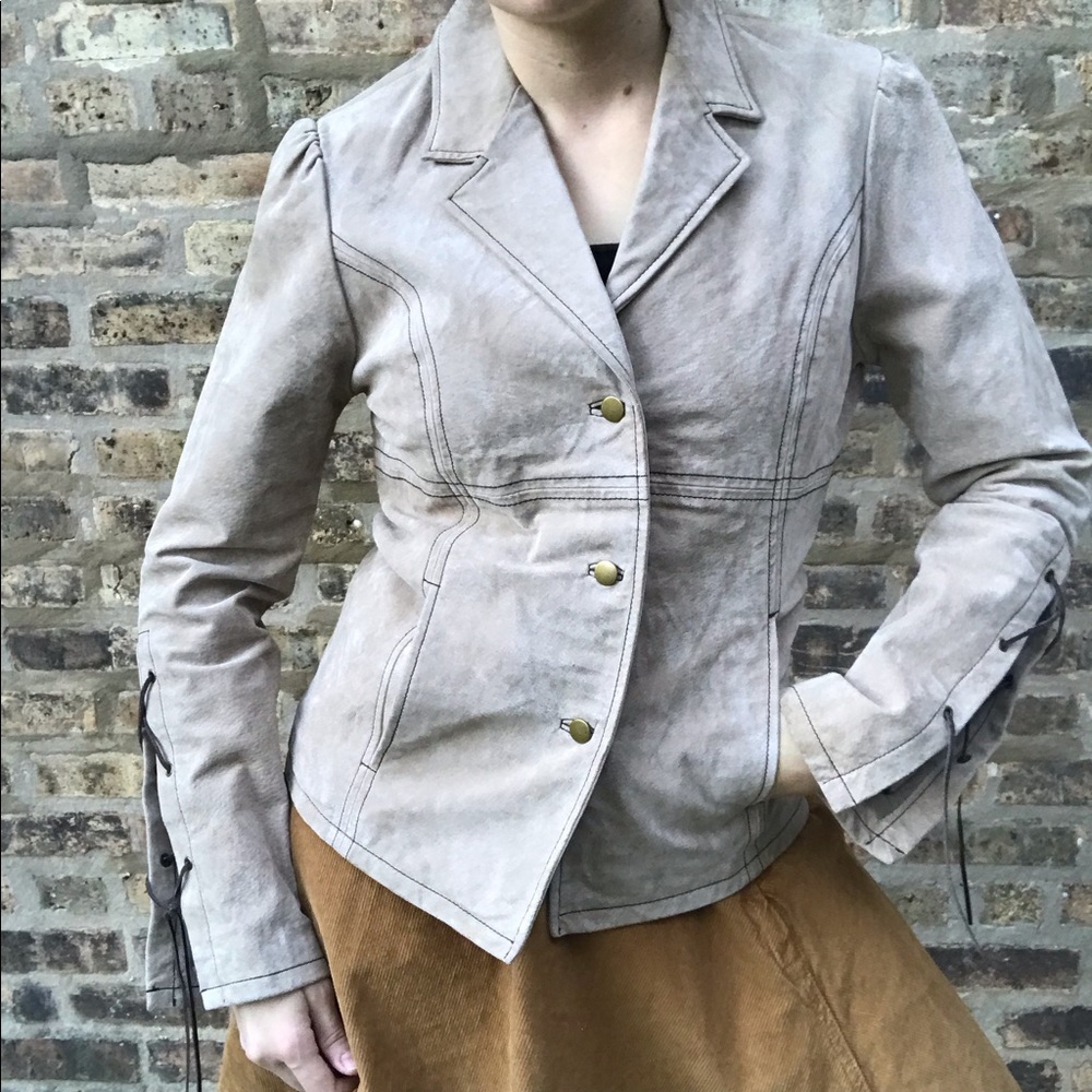 Vintage suede tan leather blazer with tassel sleeves